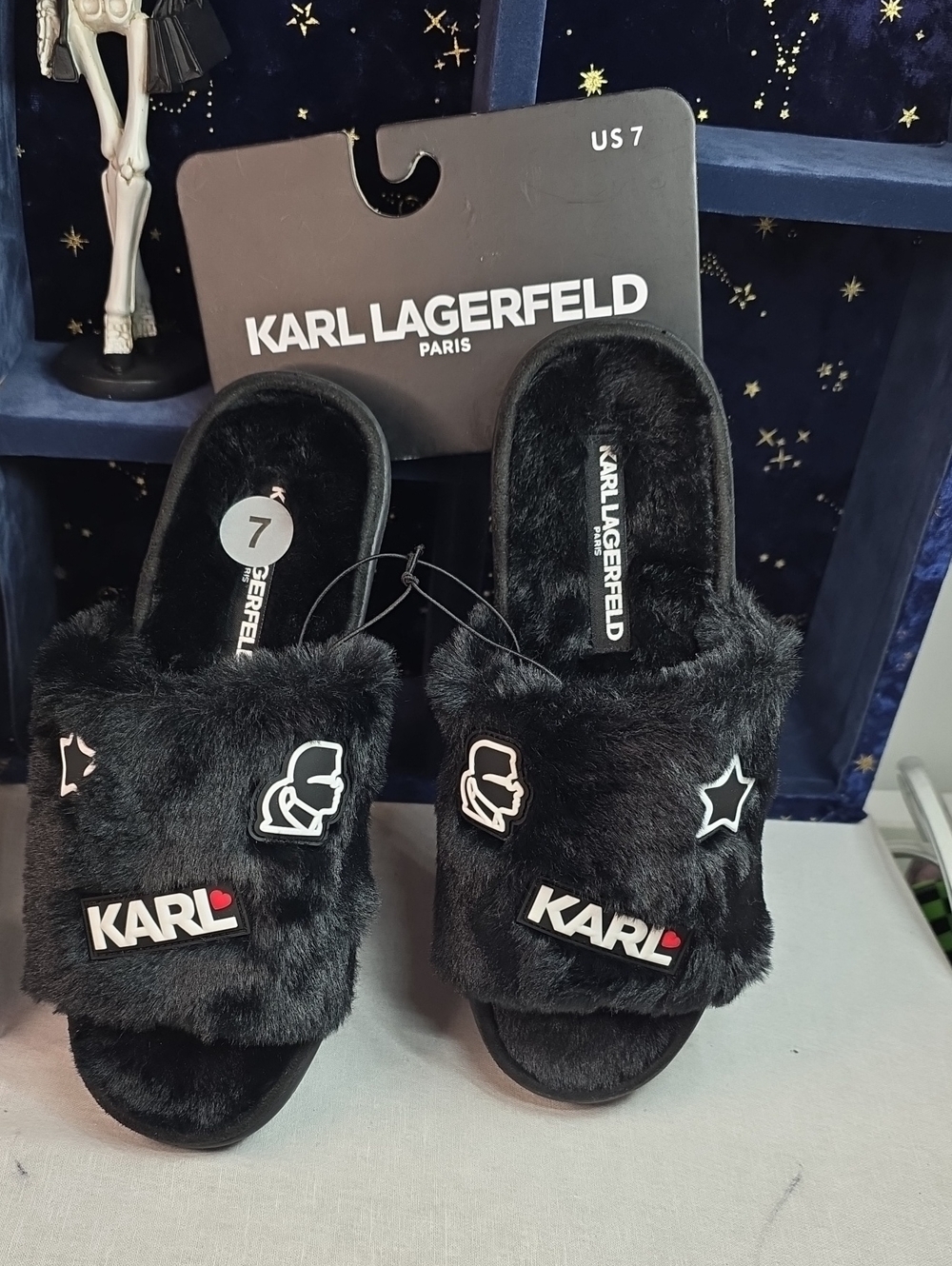 Karl Lagerfeld Black Faux Fur Slide Sandals with Logo Patches